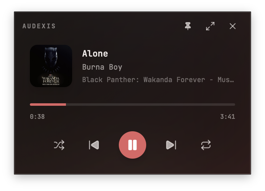 Audexis mini player showing album artwork, track details, and compact playback controls.
