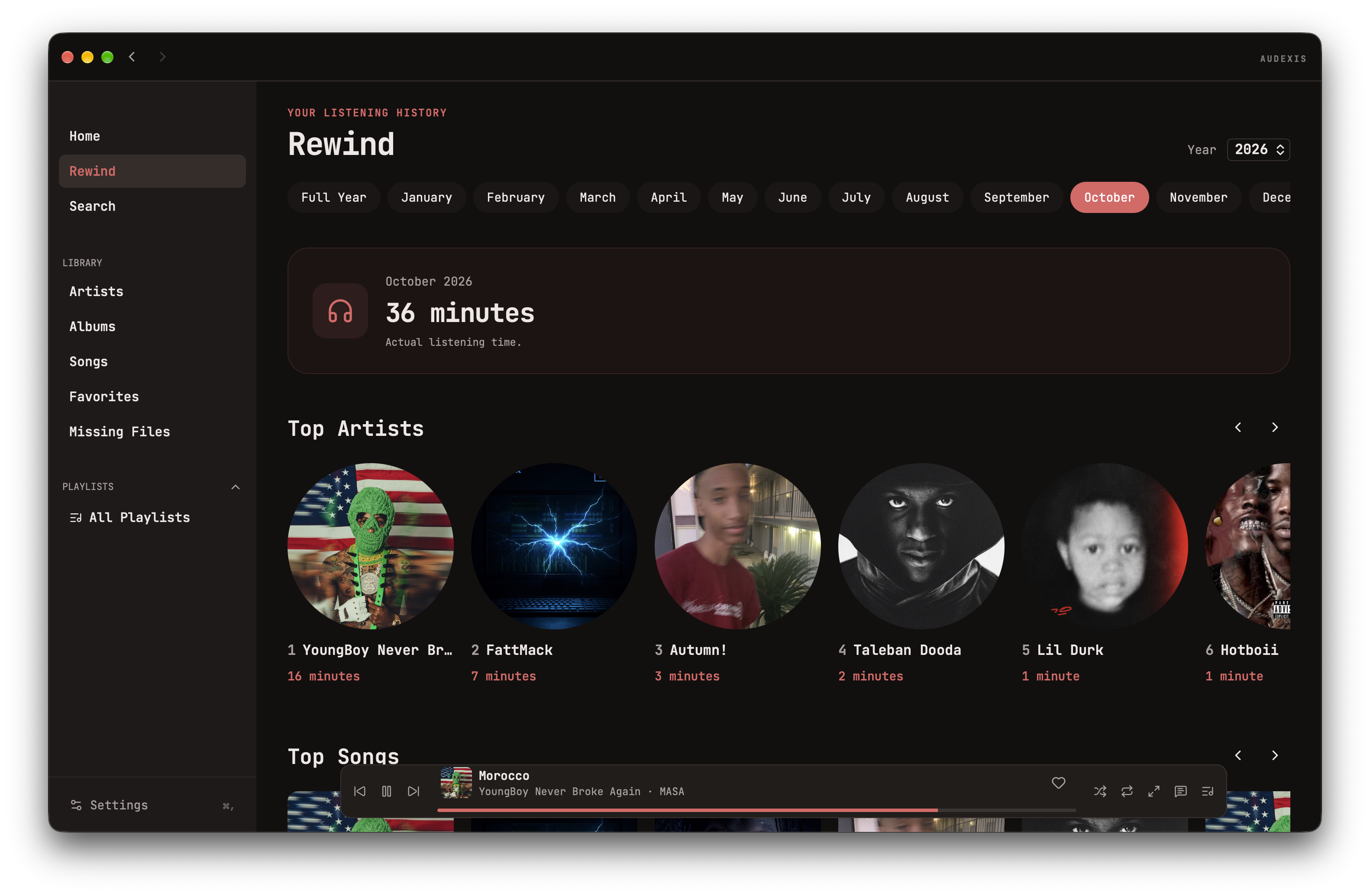 Audexis Rewind showing listening time and top artists for the selected year.