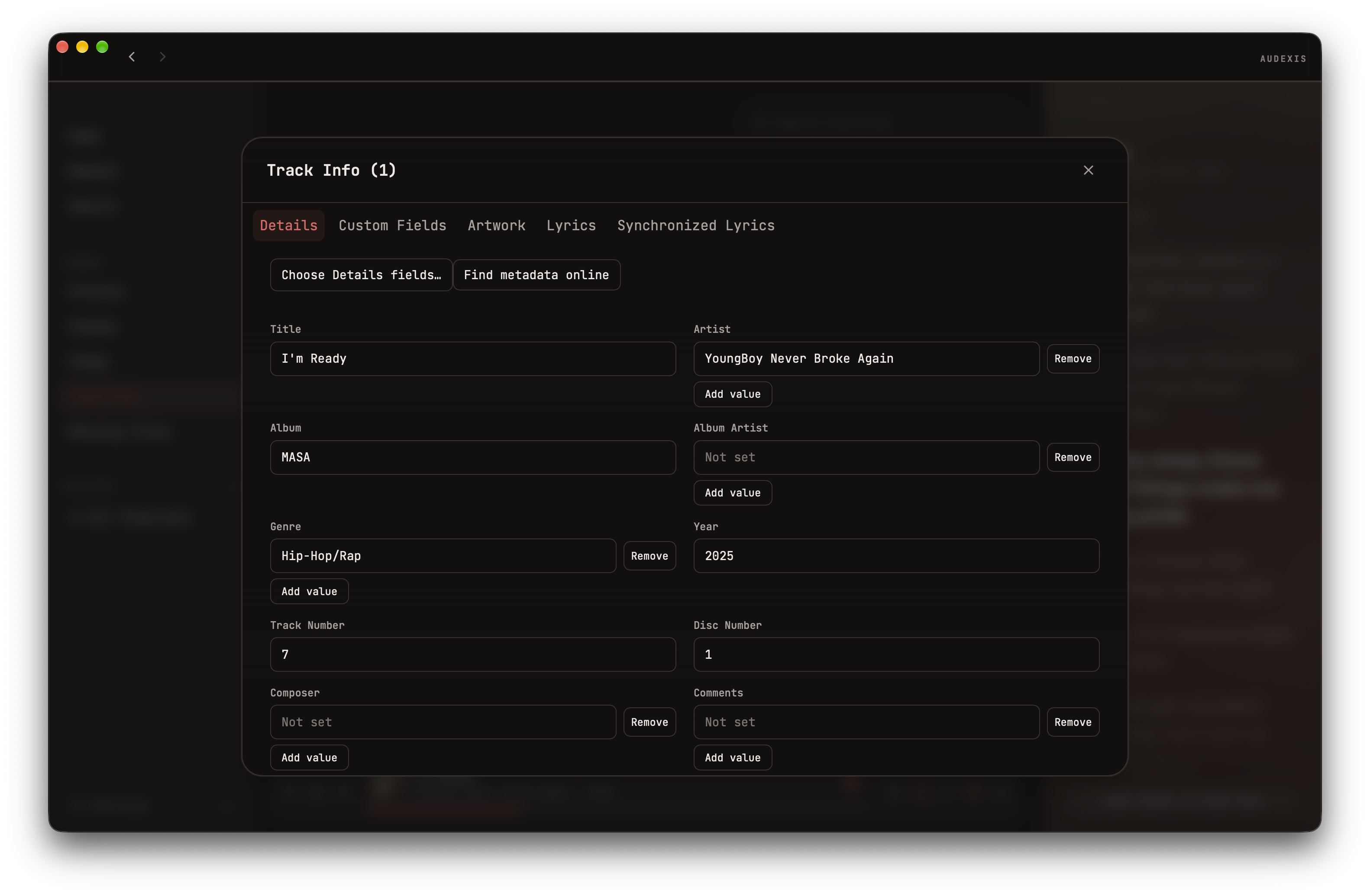 Audexis metadata editor showing editable song titles, artists, albums, and custom fields tab.